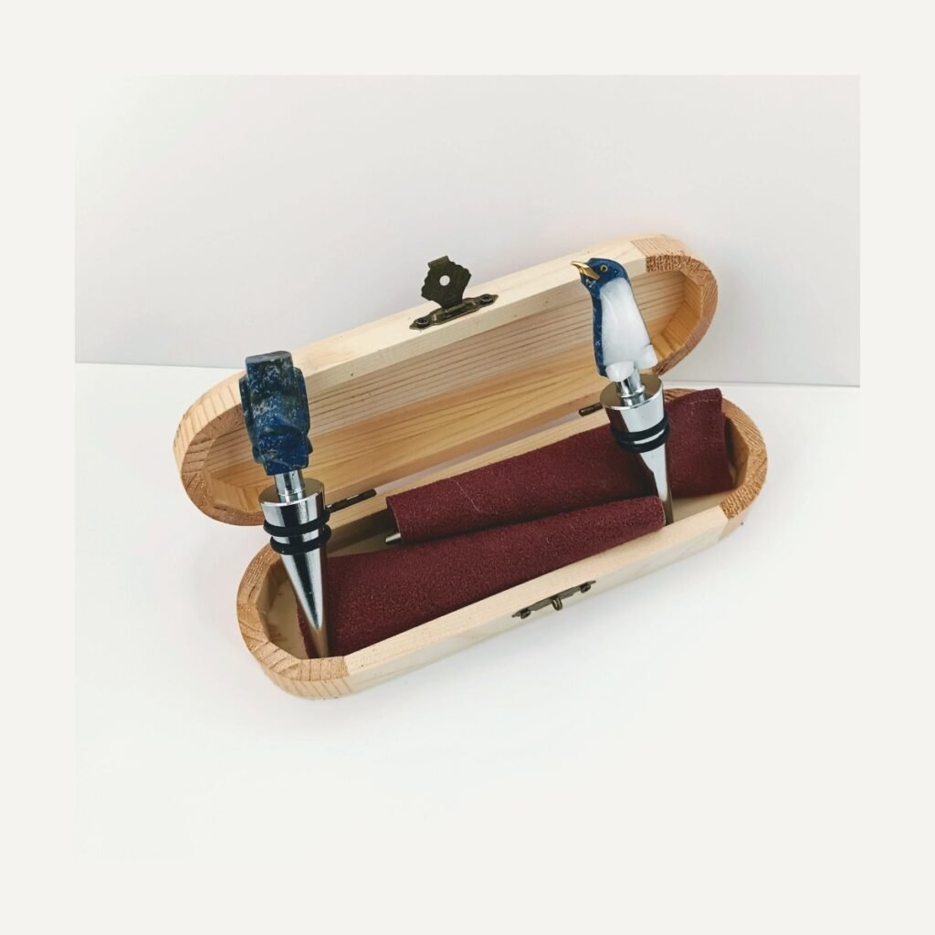 Lapislázuli Chile – set de 2 tapones para vino con lapislázuli, en caja de madera